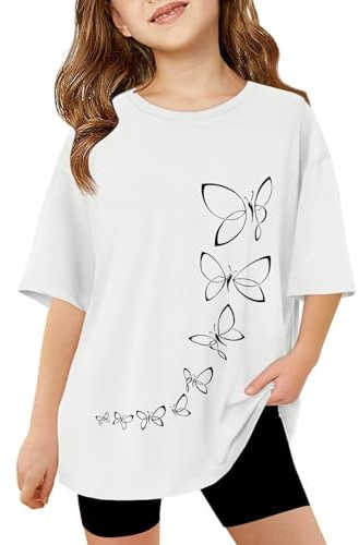 Kids Short Sleeve Butterfly T Shirts Girls Age 3-13 Years Round Neck Summer Tshirts Teenage Girls Fashion Graphic Cute Cartoon Casual Jogging Athletic School Blouse Tops (White, 10-11 Years)