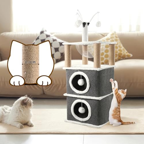 Cat Cave,86 * 40 * 40CM,Kitten Beds for Indoor Multi-Level Cat House with Scratching Post & Ball & Platform, Suitable for Kitty Kitten