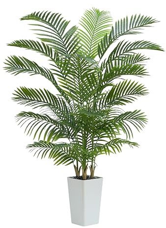 TNGGNT 180CM Artificial Palm Tree Decor Indoor, Faux Plants For Outdoors, Realistic Tall Artificial Plants Indoor, Areca Palm Plant in White Pedestal Basin for Office Home indoor Outdoor Decor