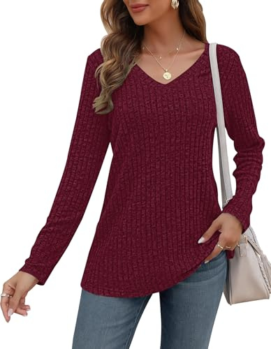 AUSELILY Pulls décontractés pour Femmes Sweatshirt col en V Haut de Mode à Manches Longues Léger Sweat en Tricot Tops Informal pour Française