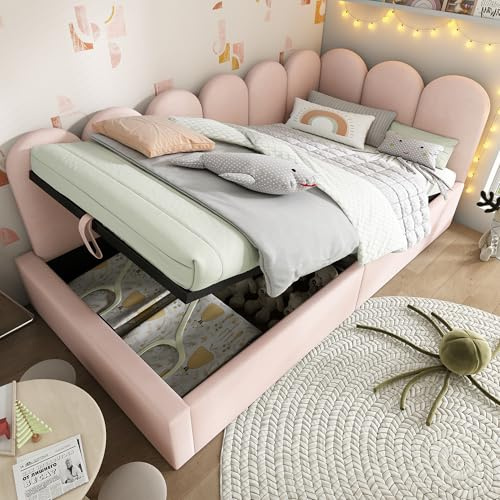 3ft Single Daybed with Storage, Hydraulic Gas Lift Upholstered Ottoman Bed Frame with Metal Slats, Guest Bed Sofa Beds Youth Beds For Adults Children Teenagers, Velvet, Pink, No Mattress, 90x190 cm