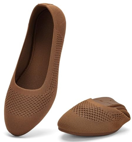 poemlady Women’s Ballet Flat Shoes Dress Knit Round Toe Slip On Ballerina Walking Flats Shoes for Woman Casual Comfort Soft Light Brown 8.5