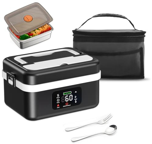 Fiambrera Electrica, 1L Inteligente Taper Electrico para Comida con Pantalla Táctil, Fiambrera Termica Portátil con Vajilla de Acero Inoxidable y Bolsa Aislante, Lonchera Termica para Coche, Oficina