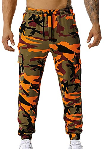 Kamouflagebyxor för män vardaglig elastisk midja arbetsbyxor män atletisk lätt löpning bana manschett träningsbyxor med fickor och dragsko fritid mode baggy promenader joggingbyxor, Orange, XL