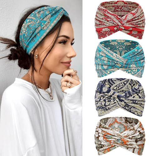 Kavya Pannband för kvinnors hår Hårband 4-pack – Bredt tunt elastiskt Boho Tie Dye Knutet huvudband Vintage hårband för sport, Yoga, Smink, Spa & Modeaccessoarer (gul)