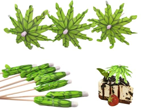 Palm Tree Cocktail Pick - 5.9 Inch Green Drink Umbrellas | 50 Pack Wooden Paper Parasol Toothpicks | Party Beverage Decorations | Cupcake Fruit Skewer Toppers For Bar Wedding