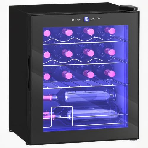 HOMCOM Cave à Vin 16 Bouteilles 42L, Température Réglable 5-18°C, Noir | Réfrigérateur à vin et boissons avec porte en verre trempé, étagères ajustables, écran tactile et éclairage LED