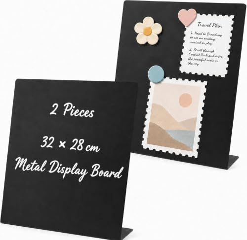 Set med 2 magnettavla, svart magnettavla med stativ, magnetisk metallplatta för magneter, skrivbordsdisplaystativ, bärbar magnetisk tavla, för fotobänke, kök, kontor, skola