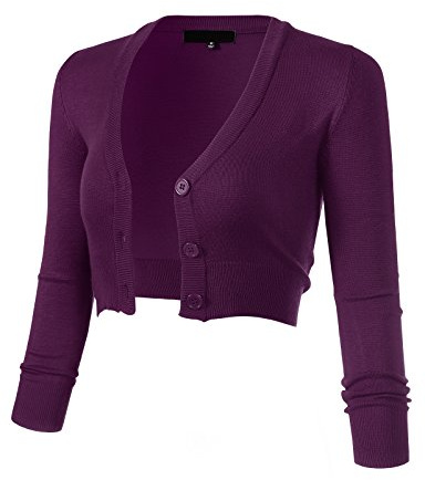Allsense Women's 3/4 Sleeve Cropped Bolero Shrug Button Down Cardigan Sweater Lightweight Knit, Purple, M
