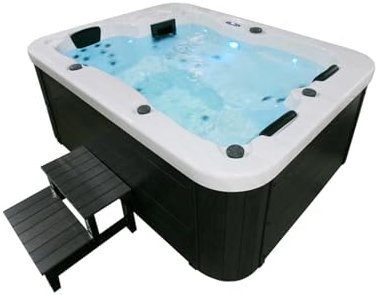 Home Deluxe - Outdoor Whirlpool - White Marble Plus Treppe und Thermoabdeckung - Maße 210 x 160 x 85 cm - Inkl. Heizung, 27 Massagedüsen und 9 Lichtquellen I Außen Whirlpool Spa für 3 Personen