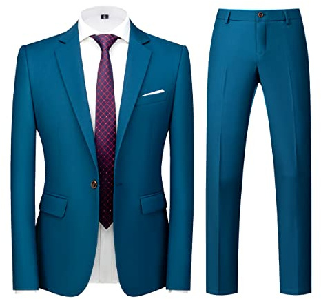 Men Suits 2 Piece Slim Fit Single Breasted One Button Wedding Business Casual Tuxedo Suit Blazer Trousers Suit Set Lake Blue XXX-Larger