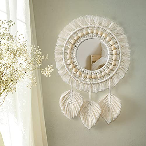 LOMOHOO Hanging Wall Mirror with Macrame Fringe Round Decoration Boho Antique Mirror with Wood Beads Feather Pendantfor Apartment Living Room Bedroom Baby Nursery (Leaf Fringe)
