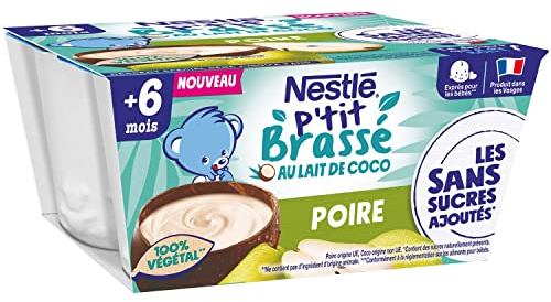 Nestlé Bébé P'tit Brassé Végétal Laitage Lait coco Poire sans sucres ajoutés - dès 6 mois - 4 x 90g