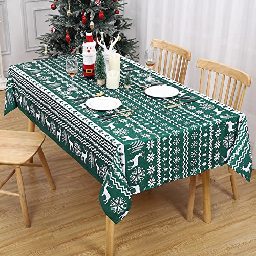 LinTimes Rektangulär avtorkningsbar julbordsduk, julgran och hjortmönster oljesäkra och vattentäta dukar för semester jul heminredning 132 x 184 cm grön