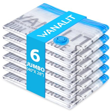 6 Pack Jumbo Vacuum Storage Bags (40x28), Reusable Vacuum Sealer Compression Space Saver Bag for Clothes, Mattress, Blanket, Duvets, Pillows, Comforters, Quilt, Travel (Pump Not Included)