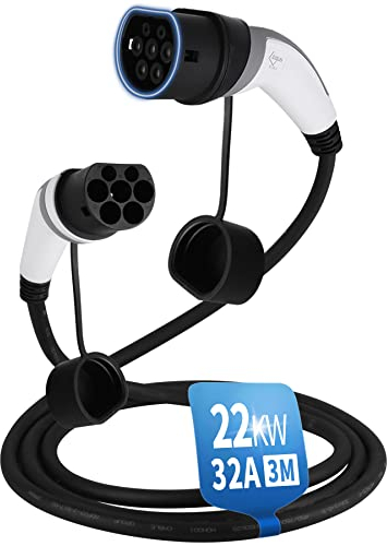 EVIEUN Cavo Ricarica Auto Elettrica Tipo 2 | 32A 22KW | Trifase | 3 Metri | per i Veicoli Elettrici e Ibridi Plug-in Tipo 2 a Tipo 2, Compatibile con ID.3 ID.4 Model 3 e-Tron Zoe i3 Leaf e-Golf