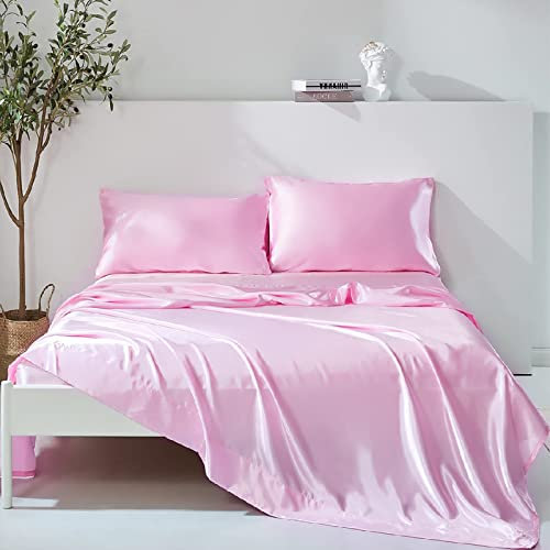 Wotcsil 4 Pezzi Completo Lenzuola Raso Matrimoniale Set Tinta Unita Biancheria da Letto Satin 200x200+Angolo 36 cm con Lenzuolo Sopra, Lenzuola Sotto con Angoli, 2 Federa, Rosa