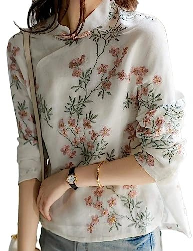 Haut Femme Chic Et Elegant,Femme Chemisiers D'Été Col Mandarin Chemise Boutonnée Chemise 3 4 Manches Ethnique Traditionnelle Coton Lin Qipao Chemise Décontractée Blouse De Fête Chemise De Trav