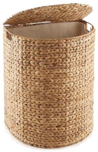 Casafield Half Moon Laundry Hamper with Lid and Removable Liner Bag - Natural, Woven Water Hyacinth Laundry Basket for Clothes and Towels