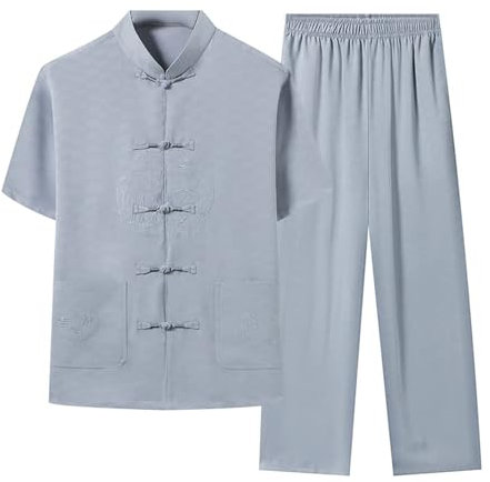 PTATT Männer Tang Anzug Flügel Chun Kung Fu Kleidung chinesische traditionelle Kleidung Stickerei Kung Fu Hemd Kurzarm Mantel und Hosen grey-XL