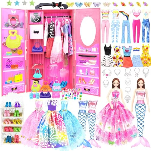 Kleidung Schmuck Zubehör für 11,5 Zoll Puppen mit Kleiderschrank Puppenschrank Set mit Kleider Taschen Schuhregal Geschenk Spielzeug für ab 4 5 6 7 8 9 10 Mädchen Jahre (einschließen Puppe)