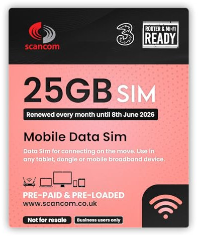 Three 25GB Data SIM - Uncapped 5G - Preloaded MONTHLY Until June 2026 - Plug & Play for Routers & Phones - Access to Three & Vodafone - Connects to the Strongest Signal available