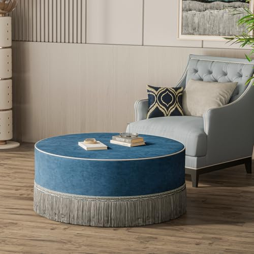 Pouf rond - 100 cm - Ottoman - Table basse - Grand repose-pieds rembourré en velours - Pour chambre à coucher et garde-robe - Avec pompon - Bleu