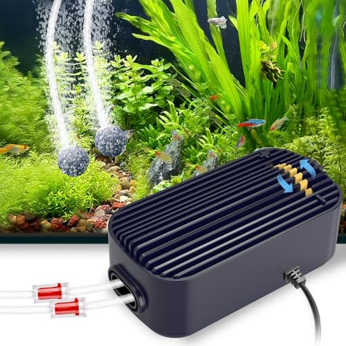 QZQ Aquarium Air Pump Silent Adjustable Fish Tank Air Pump Powerful Oxygen Pumps with 2 Outlet Included Accessories Suitable Fish Tank from 10L to 450 Liters（3W）