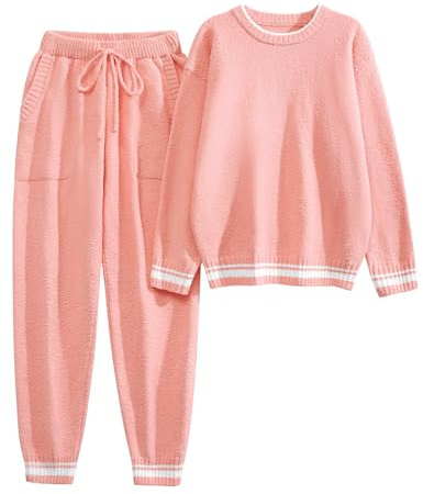 Yuson Girl Pigiama Donna Invernale Pigiami Due Pezzi Caldo Felpato Pigiama Lungo Morbido Due Pezzi Felpa e Pantalone Sets Manica Lunga Lounge Sleepwear Casual da Casa con Tasche(Rosa Cipria, XL)