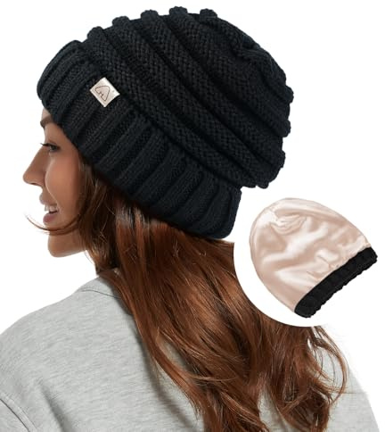 Hat Hut Femme Bonnet d'hiver doublé de Satin, Bonnet en Tricot Chaud et épais, Tricot torsadé Chapeaux d'hiver pour Cheveux, Slouch Beanie (FR/ES, Alpha/Lettres, Taille Unique, Noir)