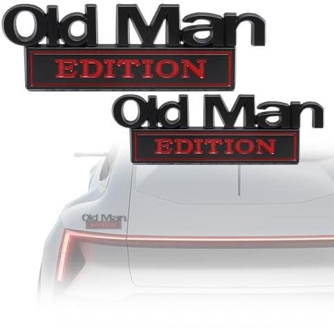 Emblème de Voiture Old Man Edition Lot de 2, Autocollant 3D Métal Noir et Rouge pour Carrosserie, Badge Humour à Coller pour Voiture SUV Moto, Autocollant Résistant pour Personnalisation Tuning Auto