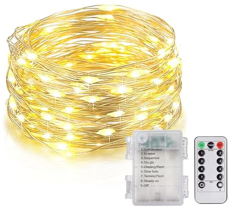 EvaStary LEDs Stringa Luci a Batteria, 10M 100LED Lucine Decorative Impermeabile IP65, Catene Luminose Filo d'Argento, con Telecomando, 8 Modalità Lucine da Esterno per Giardino, Patio, Bianco Caldo