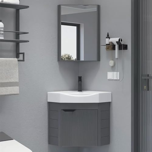 Wall-Mounted Bathroom Sink with Cabinet Compact Corner Vanity Floating Washbasin Mirrored Storage for Guest WC Ideal for RVs and Small Spaces