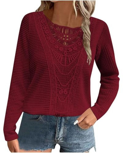 Generisch Maglia a maniche lunghe da donna in pizzo all'uncinetto, maglia a maniche lunghe, maglione casual a maniche lunghe, maglione formale casual, bordeaux, L