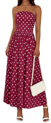 Wenrine Womens Polka Dot Strapless Dress Summer Smocked Tube Top Casual Sleeveless Long Flowy Maxi Dresses with Pokets