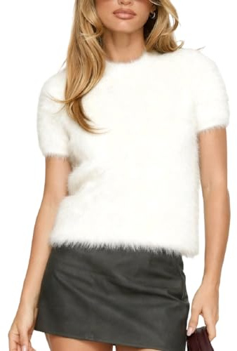 Women Fuzzy Sweater Short Sleeve Crewneck Furry Pullover Jumpers Basic Knit Tops Streetwear (White, M)