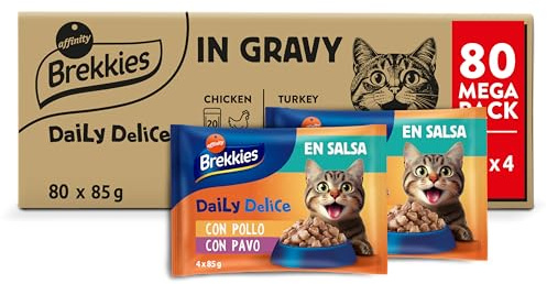 Brekkies Daily Delice Comida Húmeda para Gatos Bocaditos en Salsa (Pollo, Pavo, Salmón y Atún) - Jumbo Pack de 80 x 85g