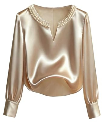 GORGLITTER Satin Evening Tops for Women UK Elegant Pearl Blouses Notched V Neck Long Sleeve Dressy Shirts Champagne Large