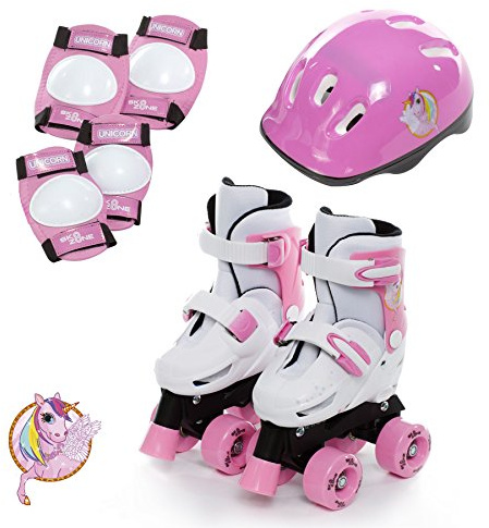 Sk8 Zone Girls Unicorn Design Pink White Quad Skates Kids Padded Roller Boots Childrens Safety Pads Helmet Skate Set Adjustable Size 9-12
