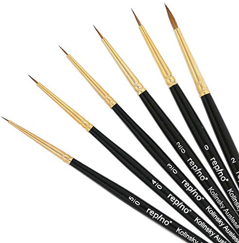 Kolinsky Lot de pinceaux d'artiste fins en poils de martre rouge (tailles 5/0, 4/0, 3/0, 2/0, 0 et 2) pour acrylique, aquarelle, aquarelle