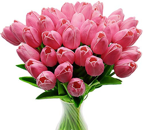 CATTLEYAHQ Fleurs de Tulipes artificielles, 10pcs Real Touch Latex Fleurs avec des Feuilles, décoration élégante pour la fête de Banquet de Mariage, Cuisine à Domicile (Rose)