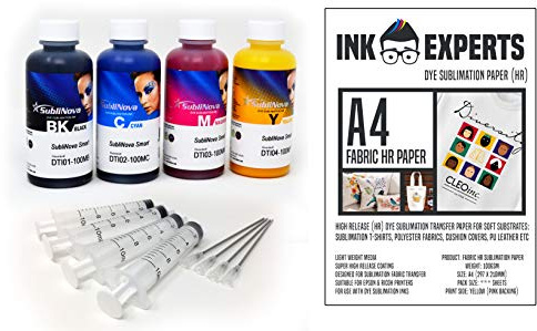 Ink Experts InkTec Sublinova Smart DTI Dye Sublimation Inks Fabric HR Paper (100 Sheets) Bundle Inc. Syringes