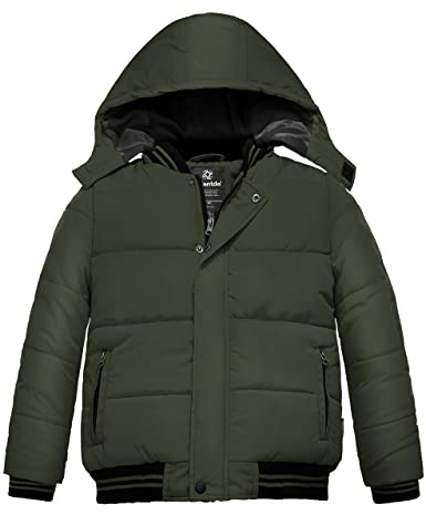 Wantdo Pojkar vinter varm fleecekappa förtjockad bomull vadderad jacka vindtät ytterkläder kappa utomhus huva jacka, Grön, 140/146 cm