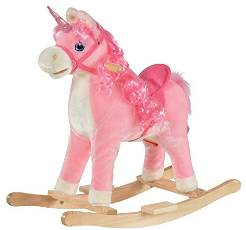 HOMCOM Schaukelpferd für Kinder 36-72 Monate, Schaukelpferd Einhorn mit Geräuschen aus Holz und Plüsch Rosa, 74x33x62cm