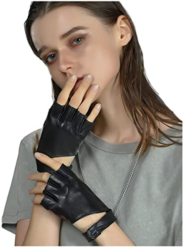 FIORETTO Womens Fingerless Leather Gloves for Driving Motorcycle Unlined Half Finger Punk Gloves Black Small