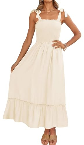 ZESICA Women's 2023 Summer Boho Spaghetti Strap Square Neck Solid Color Ruffle A Line Beach Long Maxi Dress, Apricot, Small