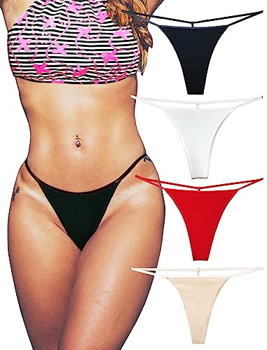 KUKU PANDA Cotton G String Thongs for Women T Back Gstring Underwear Seamless Panties Tangas Sexy 4 Pack Set (B/R/W/N, X-Large)