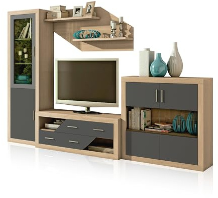 duehome | Salon Modular, Conjunto de Muebles de Salon, Modelo Nuka V10, Acabado en Cambria y Gris Grafito, Medidas: 300 cm (Largo)