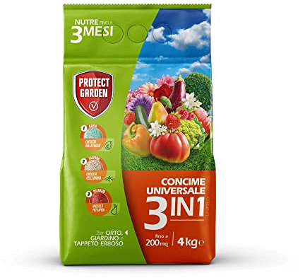 PROTECT GARDEN UNIFEED CONCIME GRANULARE 3in1 A LENTA CESSIONE NUTRE FINO A 3 MESI. PER ORTO&FRUTTA, PIANTE FLOREALI, ORNAMENTALI E TAPPETO ERBOSO 4Kg