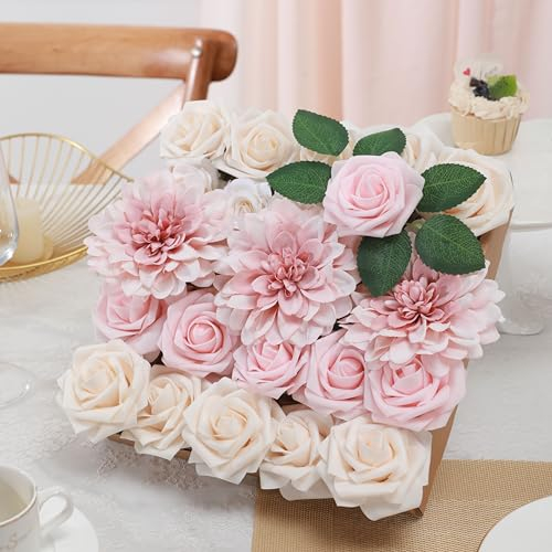 Kisflower Pink Artificial Flower Combo Fake Rose Faux Dahlia Flowers with Stems for DIY Wedding Bridal Bouquet Party Home Decorations (Pink)